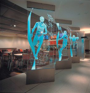 BESPOKE EDGE-LIT FLOOR TO CEILING GLASS GRAPHICS - CORPORATE TECHNOLOGY FACILITY SYDNEY
